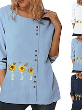 billige Skjorter-Dame Bluse Blomstret Grafisk Planter Elegant Årgang Mote Langermet Crew-hals Vanlige topper Daglig Ut på byen Helg Hvit Blå Mørkeblå Høst
