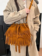 tanie Torby na ramię-damska torebka typu wiaderko ze sztucznego zamszu z frędzlami – boho torebka typu crossbody ze ściągaczem na niezobowiązujące wyjścia, festiwale i codzienne noszenie