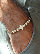 olcso Férfi ékszerek-Férfi természetes fa gyöngyös karkötő türkiz kereszttel – kézzel készített bohém rugalmas csuklópánt hétköznapi viseletre, nyári szettekhez és strandhangulathoz