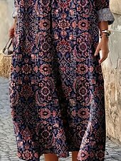levne Boho šaty-Dámské Midi šaty Letní šaty Áčkové šaty prázdniny Na běžné nošení Jdeme ven Grafika Kašmírový vzor Dlouhý rukáv Do V Námořnická modř Léto Jaro