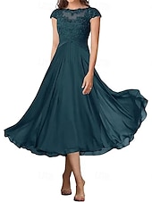 billiga Te Längd-A-linjeformad bröllopsfestmammas klänning elegant enkel krage ankellängd chiffon kort ärm med veck solid färg