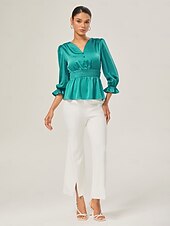 abordables Chemises et blouses-élégant chemisier cintré en satin vert lac