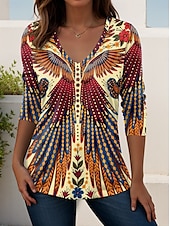 billige Boho t-skjorte-Dame T skjorte Grafisk Planter Årgang Elegant Bohem Årgang Langermet V-hals Vanlige topper Daglig Ut på byen Helg Trykt mønster Svart Hvit Rosa Dusty Rose Rød Vår Høst