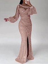 preiswerte GRAU-Meerjungfrau Paillettiertes Abendkleid Partykleid formelles Sweep-/Pinselzug lange Ärmel Scoop-Ausschnitt mit Glitzer Raffung Schlitz Maskerade-Kleid 2025