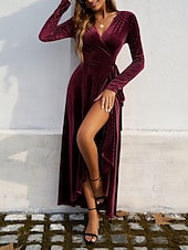 abordables Robe blanche-Femmes Robe maxi Robe Portefeuille Robe trapèze Occasionnel Quotidien Coupe régulière Uni manche longue Col en V Noir Rouge Vert Automne Hiver
