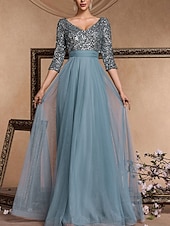 baratos AZUL-Vestido de Gala em A Vestido Elegante Formal Casamento Comprimento do Chão Manga 3/4 Decote em V Com Lantejoulas com Lantejoulas