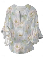 billige Blomstrete topper-Dame Bluse Blomstret Stilfull Moderne 3/4 ermer V-hals Vanlige topper Daglig Ferie Drapering Trykt mønster Lysegrønn Blå Grønn Grå Lyseblå Sommer
