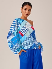 voordelige Blouses &amp;amp; Shirts-Dames Vrouw Normaal shirt Oceaan Casual Koude schouder Marineblauw Lange mouw Elegant Vakantie Hedendaagse koude schouder Zomer