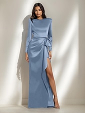 baratos Vestidos de noite tipo tubinho-Vestido de Noite Black Tie Sereia  Trompete Vestido Elegante Formal Casamento Comprimento de Piso Manga Longa Vestido de Cetim Decote Redondo com Laço(s) Fenda com Pregas