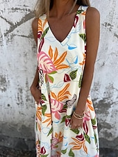 abordables Robes fleuries-Femmes Robe maxi Robe trapèze Robe Nuisette Vacances Occasionnel Boho Extérieur Sortir Coupe régulière Fleuri Sans manches Col en V Bleu Abricot Beige Été