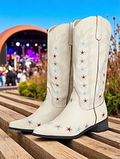 levne Cowboy &amp; Western Boots-Dámské krémové kovbojské boty ve westernovém stylu s barevnou výšivkou hvězd – retro rodeo boty do půli lýtek na country koncerty, festivaly a american outfity
