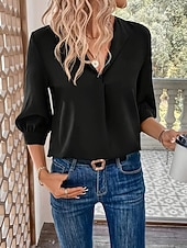 abordables Blusas Sencillas-Mujer Blusa Color sólido Elegante Básico Casual Manga 3/4 Cuello Camisero Tops regulares Oficina Trabajo Negro Vino Verde Trébol Verano Primavera Otoño