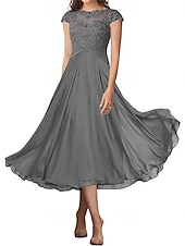 billiga Te Längd-A-linjeformad bröllopsfestmammas klänning elegant enkel krage ankellängd chiffon kort ärm med veck solid färg