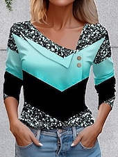 billige Stripe og geometrisk t-skjorte-Dame T skjorte Grafisk Geometrisk Årgang Stilfull Grunnleggende Langermet Asymmetrisk hals Vanlige topper Daglig Ut på byen Helg Knapper Rosa Blå Lilla Grønn Sommer Vår