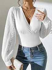billige Kvinne Enkle Topper-Dame Skjorte Helfarge Stilfull Fritid Langermet V-hals Vanlige topper Daglig Netting Lapper Svart Hvit Navyblå Sommer Vår