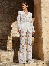 baratos Terninhos de calça da mamãe-Conjunto de Calças Vestido da Mãe da Noiva Vestido Elegante Colarinho de Camisa Comprimento do Tornozelo Renda Mangas Longas com Cor Sólida