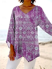 levne Dámské boho topy-Dámské Halenka Grafika Kašmírový vzor Havajské stylové Na běžné nošení 3/4 délka rukávu Do V Běžné topy Denní Dovolená Jdeme ven Tisk Vodní modrá Fialová Trávová zelená Léto Jaro Podzim