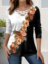 abordables T-shirt floral-Femmes T-shirt Fleuri Graphique ancien Élégant Moderne manche longue Col en V Hauts Réguliers Quotidien Découpé Imprimé Rouge Bleu Bleu Ciel Violet Printemps Automne