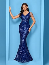 abordables BLEU-Robes de Quinceanera sirène  trompette élégantes formelles pour mariage longueur de sol sans manches en V sequins avec sequins