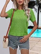 billige Solide farger-Dame Genser Fritid Helfarge Tykk Crew-hals Strikket Kort Erme Vanlige topper Strikke Daglig Ferie Ut på byen Hvit Gul Sommer