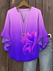 preiswerte Damen Kunst- und Design-Oberteile-Damen Bluse Ombre Blumen Grafik Vintage Täglich Ethnisch Dreiviertelarm V Ausschnitt Normale Oberteile Täglich Ferien Urlaubskleidung Druck Blau Purpur Orange Sommer Frühling