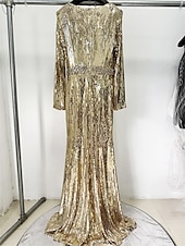 abordables JAUNE-Robe Quinceanera Sirène  Trompette Robes Élégante Robe de Mariage Formelle Longueur Maxi Manches Longues Col Rond Pailletée avec Paillettes