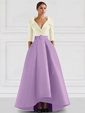 cheap BLUE-Blue Red A-Line Satin Formal Evening Gown Elegant Fall Wedding Guest Dress Tuxedo Dress Asymmetrical 3/4 Length Sleeve Shirt Collar with Pocket