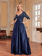 cheap BLACK-A-Line Quinceanera Dresses Elegant Dress Formal Wedding Floor Length Long Sleeve V Neck Polyester with Sequin