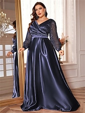 abordables VERT-Robe A-Line Grande Taille Élégante Robe Courbe De Mariage Formelle Longue Au Sol Manches Longues Col en V En Polyester Avec Plis 2025