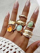 billige Kvinneringer-Damesett med vintage edelstener i gull – sett med flere statement-ringer med klumpete tekstur og fargerike harpiks-edelstener, egnet for kontor, vintage-mote, fest og hverdagsstil