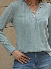 preiswerte Einfarbige Farben-Damen Bluse Einfach Modern Lässig Langarm V Ausschnitt Normale Oberteile Täglich Ausgehen Knöpfe Schwarz Blau Fuchsie Braun Grün Herbst