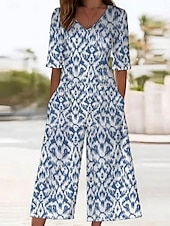 abordables combinaison imprimée-Femmes Normal Combinaison Actif Abstrait Demi Manches Jambe large Col rond Avec Poches Imprimé Vacances Quotidien Coupe régulière Bleu Été