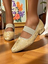 abordables Années 1950-Ballerines Mary Jane en jacquard doré pour femme avec bride élastique – Chaussures à talons bas élégantes de style vintage des années 1950 pour mariages, goûters et occasions formelles