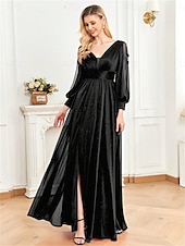 olcso Fekete-A-vonal Quinceanera Ruhák Elegáns Ruha Formális Esküvői Padló Hosszúságú Hosszú Ujjú V Nyak Sifon V Hátsó Ráncokkal Hasítékkal