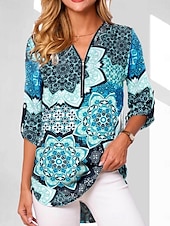 billige Blomstrete topper-Dame Bluse Blomstret Grafisk Geometrisk Stilfull Fritid Langermet V-hals Vanlige topper Daglig Glidelås Trykt mønster Svart Hvit Rosa Marineblå Blå Sommer Vår Høst