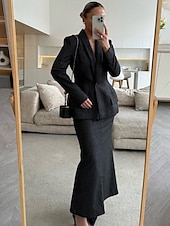 baratos Conjuntos de vestidos para mamãe-Vestido de mãe da noiva em duas peças com glitter, corte A, blazer peplum, elegante, simples, luxuoso, lapela xale, comprimento até o chão, manga longa com botões 2025