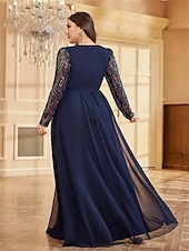 cheap BLUE-A-Line Plus Size Dresses Elegant Curve Dress Formal Wedding Floor Length Long Sleeve V Neck Chiffon with Sequin