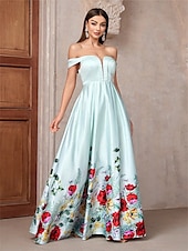 preiswerte GRÜN-A-Linie Abendkleid Elegant Kleid Formell Hochzeit Bodenlang Ärmellos Trägerlos Satin Rückenfrei mit Blumenmuster 2025
