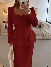 preiswerte Mamas Kleidersets-Zweiteiliges Fisch  Trompete Mutter der Braut Kleid Elegantes Peplum Kleid Set Einfach Minimalistisch Quadrat-Ausschnitt Tee Länge Krepp Stretchstoff Lange Ärmel mit einfarbig