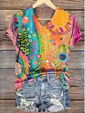 abordables T-shirt floral-Femmes T-shirt Fleuri Graphique Plantes ancien Mode Hawaïen Manche Courte Col en V Hauts Réguliers Quotidien Sortir Week-end Imprimé Jaune Rose Claire Bleu Violet Orange Été Printemps