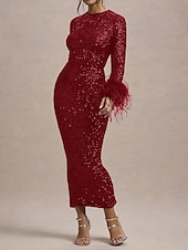 economico BLU-Abito da Sera Sirena  Tromba Elegante Abito Formal Semi Formale Gala Dress Matrimonio Lunghezza Piena Manica Lunga Collo Giro Stretch Paillettato con Maniche in Piuma