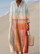 billiga Randiga och geometriska klänningar-Dam Midiklänning Solklänning A linjeklänning Semester Ledigt Boho Utekväll Strand Lös passning Grafisk Geometrisk Rand Långärmad V-hals Svart Orange Grön Ljusgrå Sommar Vår
