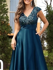 baratos AZUL-Vestidos de Quinceanera Linha A Vestido Elegante Casamento Formal Comprimento do Chão Sem Mangas Decote em V Cetim com Lantejoulas
