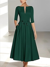 preiswerte Cocktailkleider-A-Linie Cocktailkleider Elegantes Kleid Formelle Hochzeitsgast Knöchellang Kurze Ärmeln Illusion-Ausschnitt Tasche Satin mit Schleife(n)