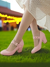 お買い得  Block Heels-カジュアルなデートに最適な、バックルストラップ付きのレディース用ホワイトパテントレザーブロックヒールメリージェーンシューズ