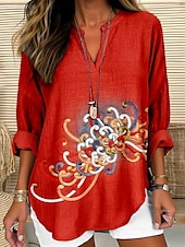 preiswerte Blumenoberteile-Damen Bluse Langarm Tuniken Floral Grafik 3D Bohemia Vintage Tropical V-Ausschnitt Reguläre Tops Tagesurlaub Strandmode Druck Weiß Gelb Rot Violett Sommer Frühling