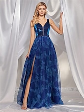 levne modrá-Šaty na quinceanera A-line elegantní šaty formální svatební podlahová délka bez rukávů výstřih do V tyl V zadní část s krystaly a rozparkem