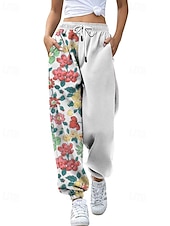 abordables pantalones cargo de mujer-Mujer pantalones Corte Recto Ropa de calle Casual Longitud total Cintura Media Flor Bolsillo Estampado Diseño de cordón elástico Al Aire Libre Cómodo Exterior Noche Gris Amarillo Rosa Verde Ejército