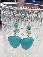 ieftine Cercel de damă-Cercei boho cu inimă turcoaz pentru femei – accente vintage din argint, design cu pietre naturale pentru femei cu spirit liber, ideali pentru festivaluri de muzică, ieșiri casual și cadouri