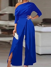 billiga Konst &amp; Design Jumpsuit-Dam Vanligt Jumpsuits Elegant Ensfärgat Långärmad Brett skaft kall axel Hög midja Semester Fest Normal Svart Vit Blå Sommar
